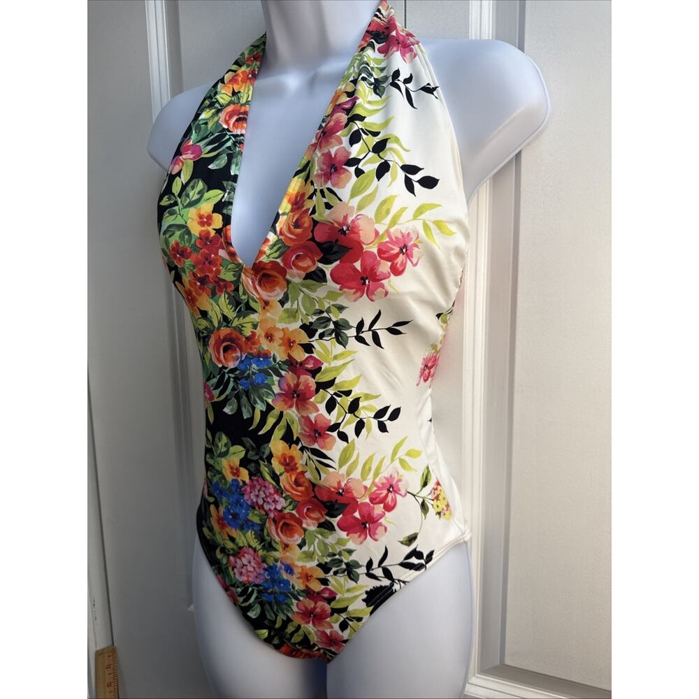 Johnny Was L Spring Halter One Piece Swim Suit Floral Plunging $198 NWT - Picture 7 of 13